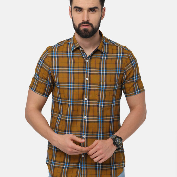 Men Brown Tartan Checked Slim Fit Casual Shirt