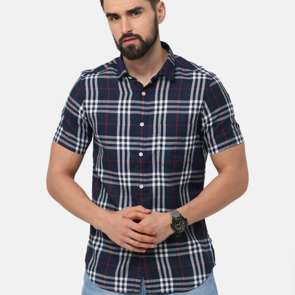 Men Navy Blue Classic Slim Fit Tartan Checks Casual Shirt