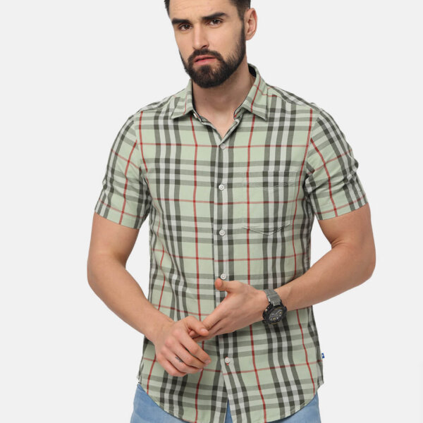 Men Light Green Tartan Checks Slim Fit Casual Shirt