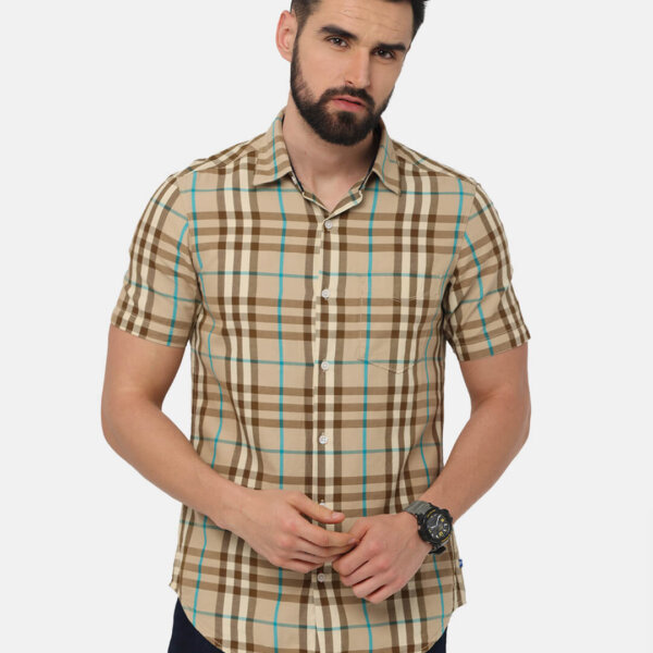 Men Beige Checks Slim Fit Casual Shirt