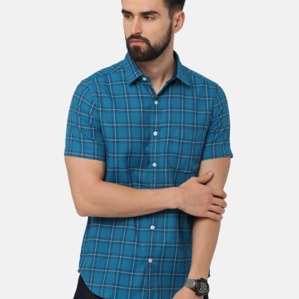 Men Blue Classic Slim Fit Checked Casual Cotton Shirt