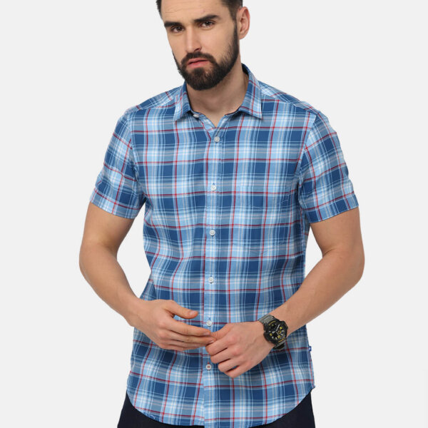 Men Blue Classic Slim Fit Buffalo Checks Casual Shirt