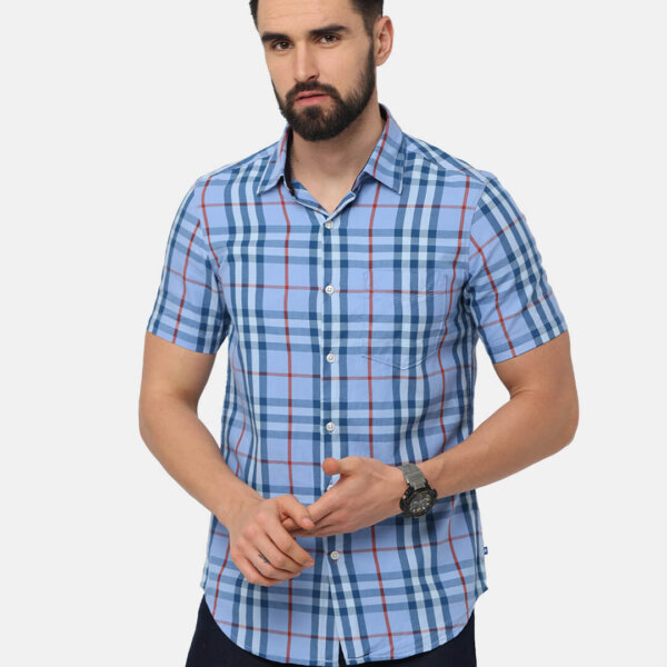 Men Blue Tartan Checked Slim Fit Casual Shirt