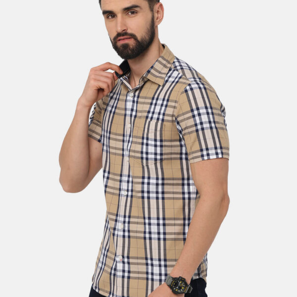 Men Beige Classic Slim Fit Tartan Checked Cotton Casual Shirt