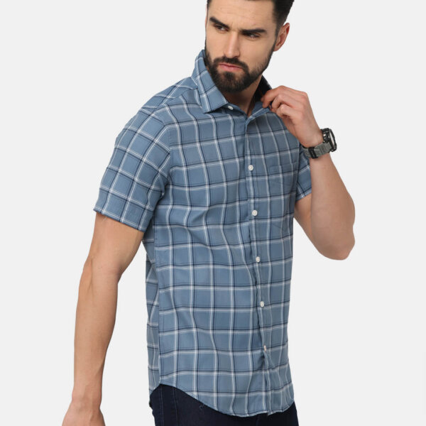 Men Grey Classic Slim Fit Grid Tattersall Checks Casual Shirt