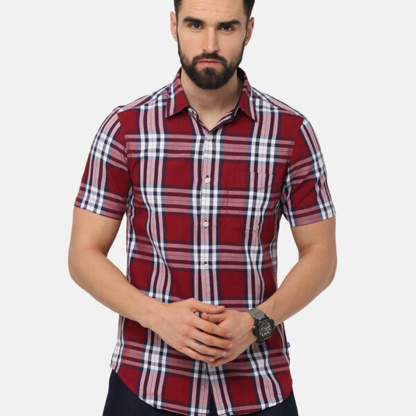 Men Red Classic Slim Fit Tartan Checked Casual Shirt