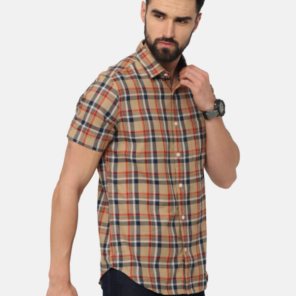 Men Beige Tartan Checked Slim Fit Casual Shirt