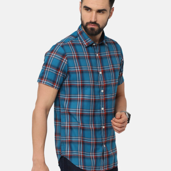 Men Blue Tartan Checks Slim Fit Casual Shirt