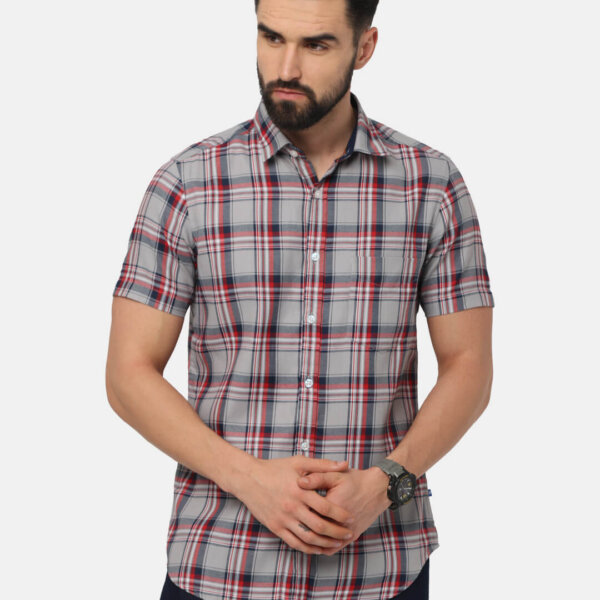 Men Grey and Red Tartan Checked Slim Fit Casual Shirt