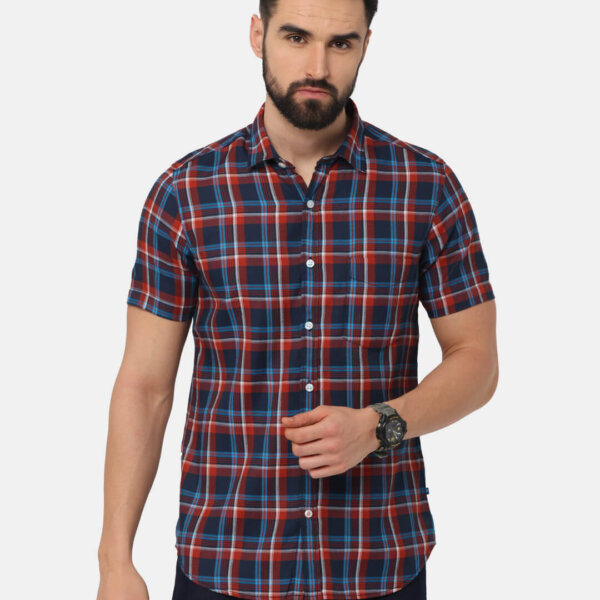 Men Navy Blue Tartan Checked Slim Fit Casual Cotton Shirt