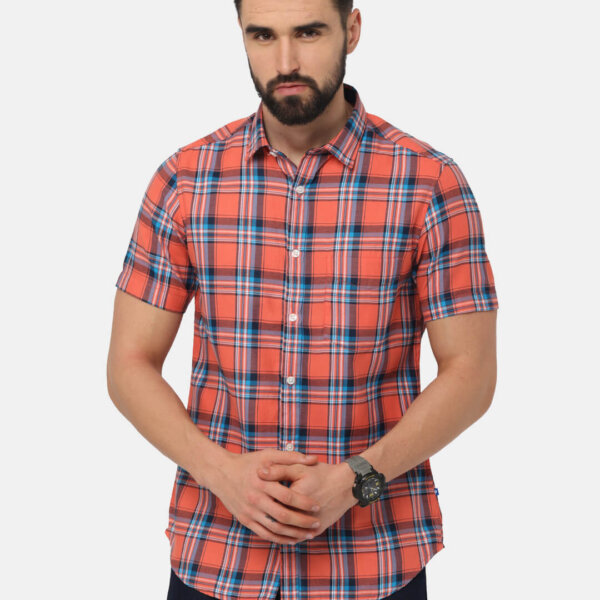 Men Peach Tartan Checked Cotton Classic Slim Fit Casual Shirt