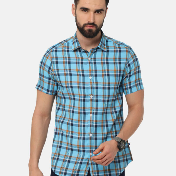 Men Teal Classic Slim Fit Tartan Checks Casual Shirt