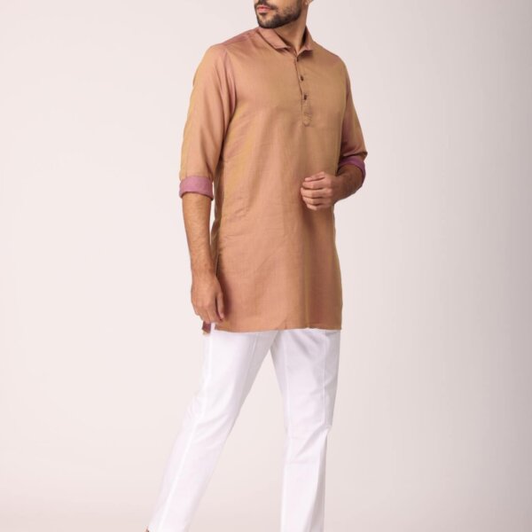 Men Medium Kurtha  Peach Solid Cotton Kurta